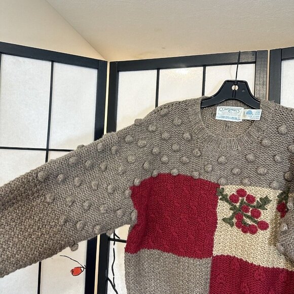 VTG Susan Bristol Hand Embroidered Granny Sweater Size 34 (small) Wool Pom Pom - Picture 5 of 8